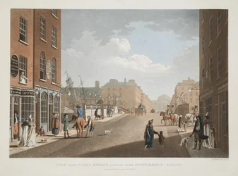 Utsikt från Capel-Street, med utsikt över Essex-bron, Dublin, 1797 (handfärgad gravyr)